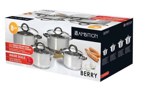 Komplet garnków nierdzewnych Ambition Berry 8 el. w opakowaniu