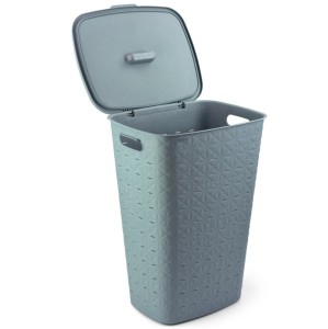 Kosz na pranie odzież bieliznę 56L CURVER Softex turkusowy z otworzoną pokrywą.