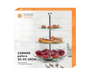 Patera na ciasto szklana okrągła 3-poziomy Carmen w opakowaniu.