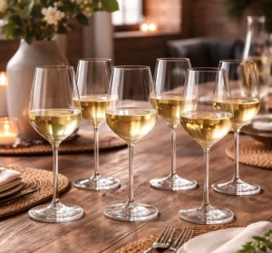 Kieliszki do wina białego Rubin 370 ml 6 sztuk Altom napełnione winem.