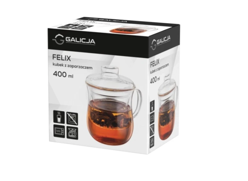 Kubek ze szklanym zaparzaczem Felix 400 ml w kolorowym opakowaniu.