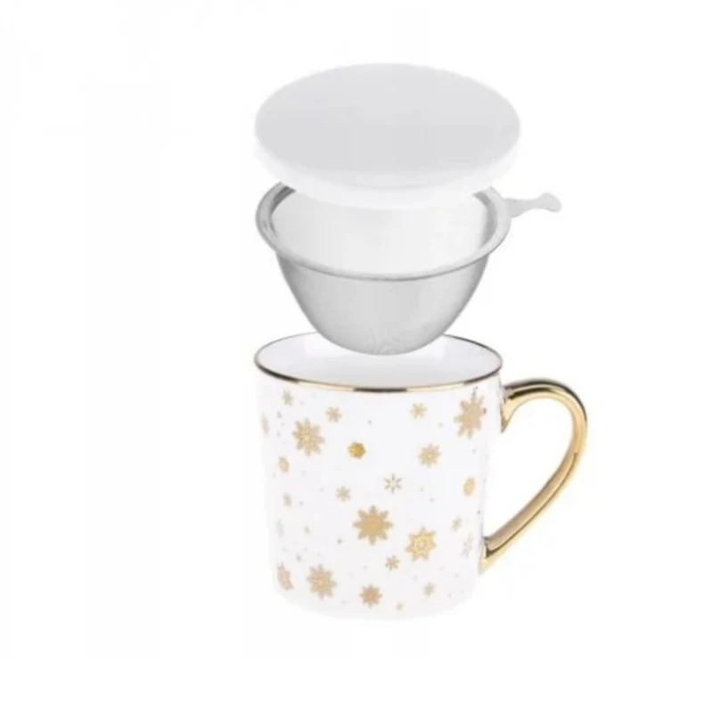 kubek Porcelanowy z metalowym zaparzaczem w złote śnieżynki