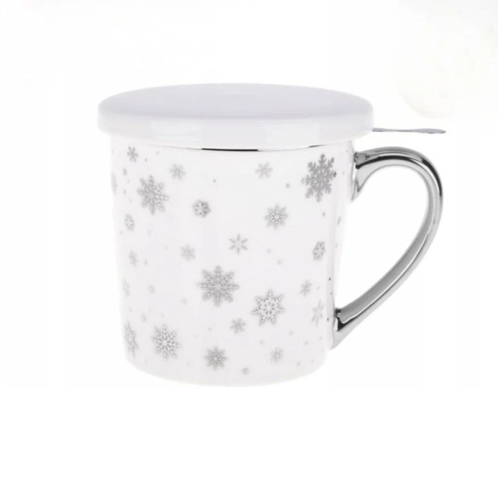 kubek Porcelanowy z zaparzaczem w srebrne śnieżynki