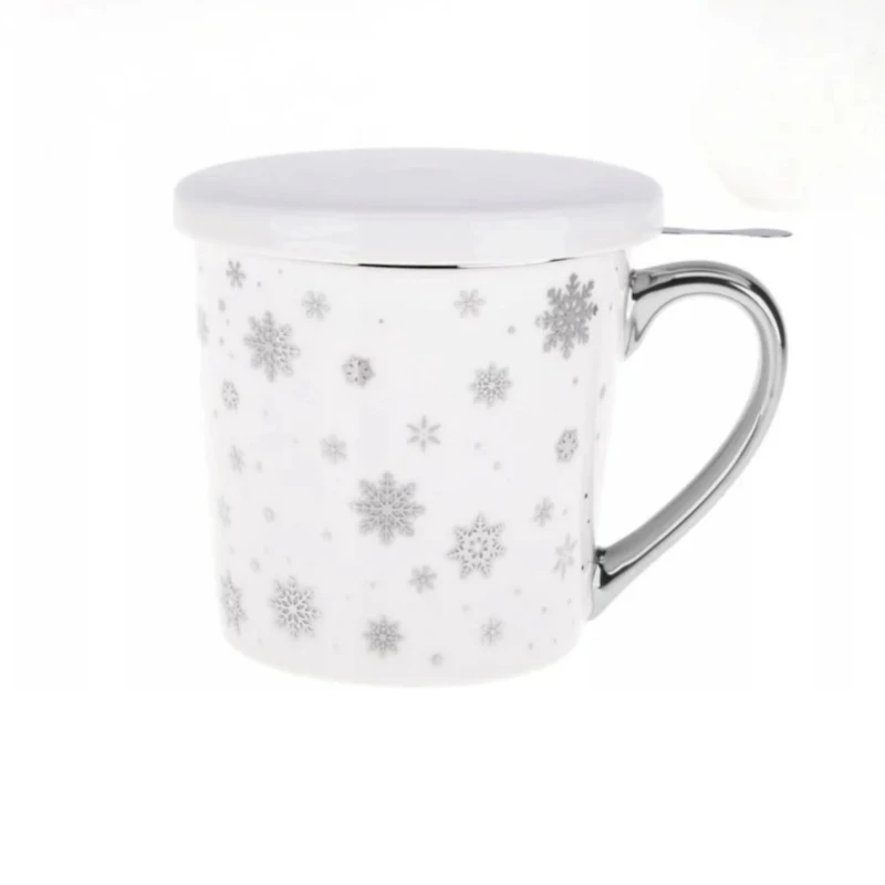 kubek Porcelanowy z zaparzaczem w srebrne śnieżynki