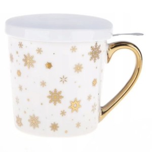 kubek Porcelanowy z zaparzaczem w złote śnieżynki