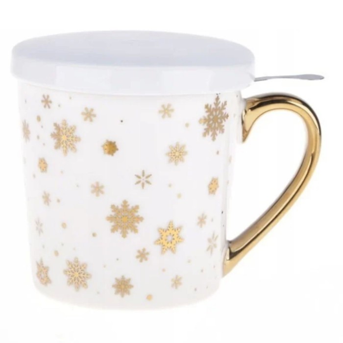 kubek Porcelanowy z zaparzaczem w złote śnieżynki