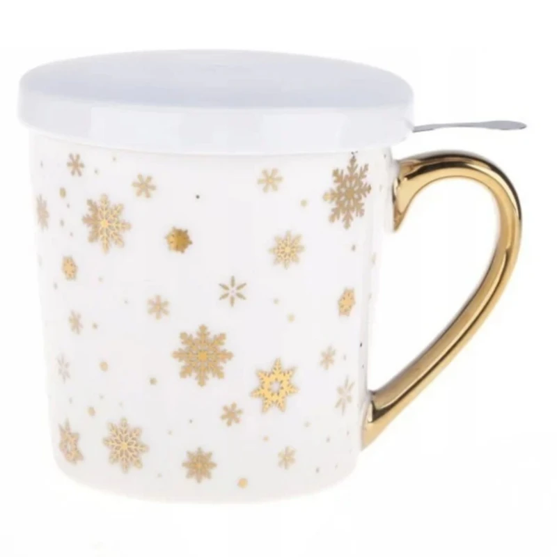 kubek Porcelanowy z zaparzaczem w złote śnieżynki