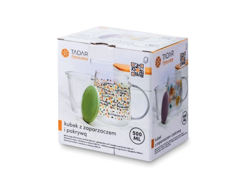 Kubek z szklanym zaparzaczem i ceramiczną pokrywką Tadar 500 ml różowy w opakowaniu.