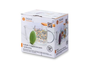 Kubek z szklanym zaparzaczem i ceramiczną pokrywką Tadar 500 ml zielony w opakowaniu.
