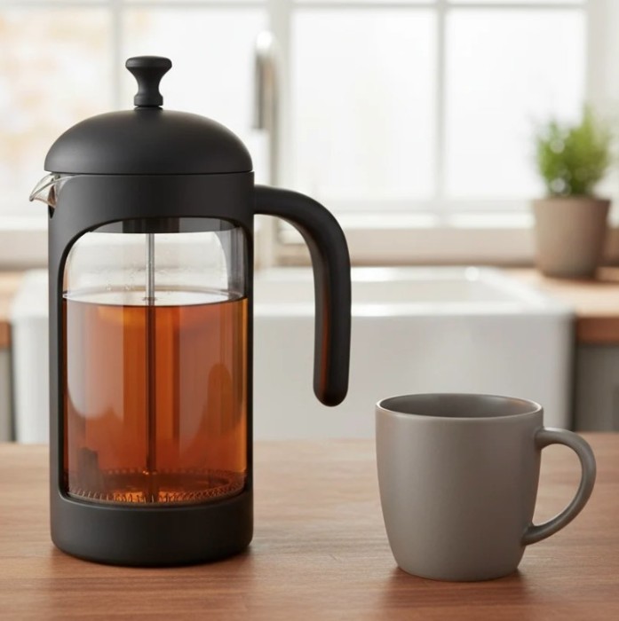 Czarna prasa francuska (French press) z przezroczystym szklanym dzbankiem wypełnionym bursztynowym naparem stoi na drewnianym blacie obok szarego kubka; w tle widoczna jest jasna kuchnia z oknem, zlewozmywakiem i małą rośliną w doniczce.