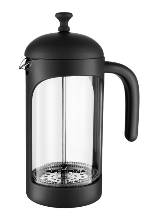 Szklany Zaparzacz tłokowy, dzbanek do kawy herbaty Americano 350 ml z czarnymi elementami.